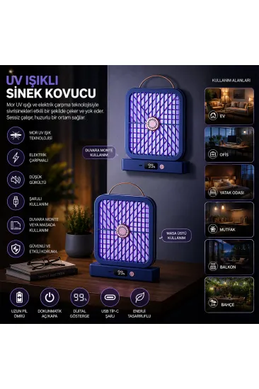 USB ŞARJLI - ELEKTRİK ÇARPMALI - DİJİTAL EKRAN ASMA APARAT - SESSİZ ÇALIŞMA UV IŞIKLI SİNEK KOVUCU HS-371 (5637)
