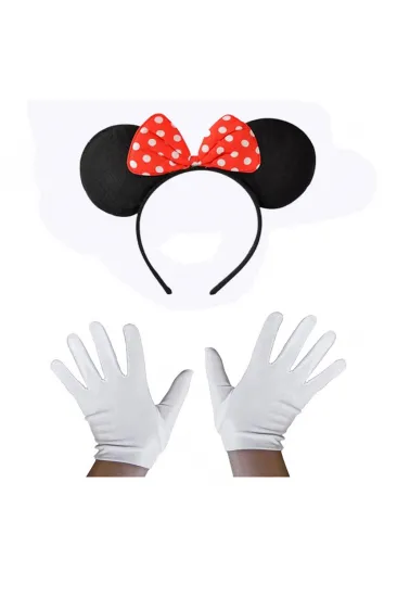 Kırmızı Fiyonklu Minnie Mouse Tacı ve Beyaz Eldiven Seti (5637)