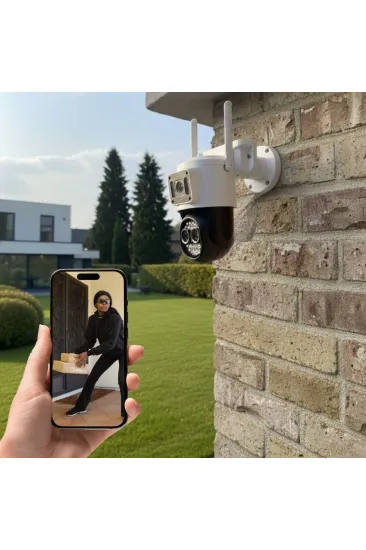 3 Kameralı Kablolu Akıllı Güvenlik Kamerası – 360° PTZ Hareketli, Çift Antenli, WiFi IP, Gece Görüşlü Dış Mekan Kamera (5637) 3 Kameralı Kablolu Akıllı Güvenlik Kamerası – 360° PTZ Hareketli, Çift Antenli, WiFi IP, Gece Görüşlü Dış Mekan Kamera (5637)