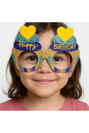 Cupcake Temalı Doğum Günü Renkli Karton Happy Birthday Gözlüğü 6 Adet (5637)