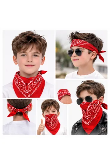Kırmızı Kovboy Fuları Çocuk Bandana Western Desenli Boyun Fuları (5637)