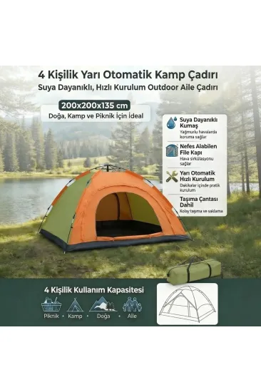 4 Kişilik Yarı Otomatik Kamp Çadırı – Suya Dayanıklı, Hızlı Kurulumlu Outdoor Aile Çadırı, Doğa, Kamp ve Piknik 200x200x135 cm (5637)