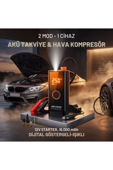 Akü Takviye Cihazı ve Lastik Şişirme Pompası – Powerbank Özellikli, Dijital Ekranlı SOS Fenerli Taşınabilir Kompresör (5637) Akü Takviye Cihazı ve Lastik Şişirme Pompası – Powerbank Özellikli, Dijital Ekranlı SOS Fenerli Taşınabilir Kompresör (5637)