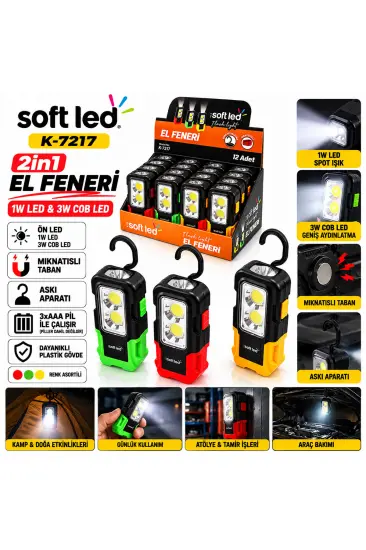 12 ADET 2IN1 SOFTLED EL FENERİ 3XAAA PİLLİ MIKNATISLI ASMA APARATI 1W LED - 3W COP LED K-7217 (5637)