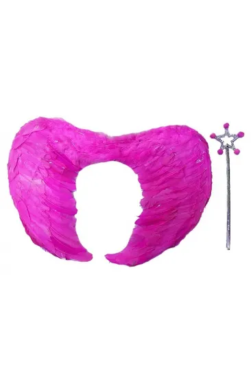 Gerçek Tüylü Katlanabilir Çocuk Pembe Melek Kanadı ve Asa Seti 40x55 cm (5637)