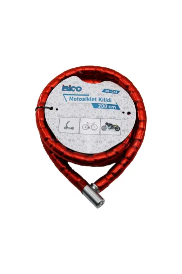 TÜP ANAHTARLI METAL KAFA ÇELİK MOTOR - BİSİKLET KİLİT SİLİNDİRİK SPİRAL KİLİT KIRMIZI KILIF22MM X 200CM (5637)
