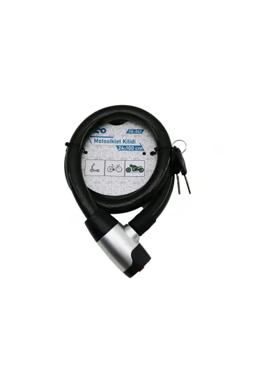 ANAHTARLI METAL KAPLAMA KAFA ÇEK-İT KİLİT KAPAK MOTOR - BİSİKLET KİLİT ÇELİK TEL SİYAH ŞEFFAF KILIF 24MMX100CM (5637)