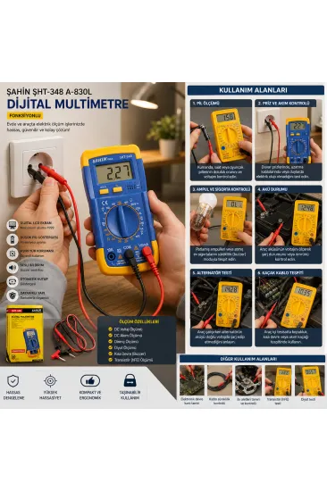 ÇOK FONKSİYONLU DİJİTAL MULTİMETRE DC VOLTAJ- AKIM- DİRENÇ- DİYOT- TRANSİSTÖR- KISA DEVRE- ÖLÇÜM (5637)