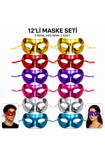 12'li Metalik Venedik Toptan Parti Maskesi Seti – 6 Renk Karışık (5637)