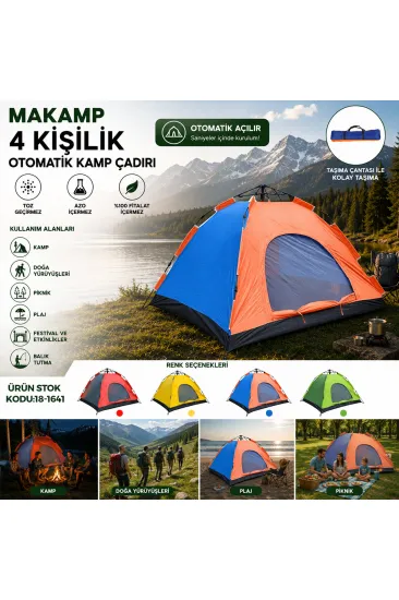 4 KİŞİLİK TOZ GEÇİRMEZ 200CMX200CMX135CM OTOMATİK KAMP ÇADIR HERHANGİ BİR RENK GÖNDERİLİR (5637)