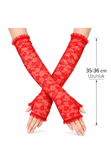Uzun Zarif Dantel Eldiven Parmaksız Kırmızı 35 cm (5637) Uzun Zarif Dantel Eldiven Parmaksız Kırmızı 35 cm (5637)