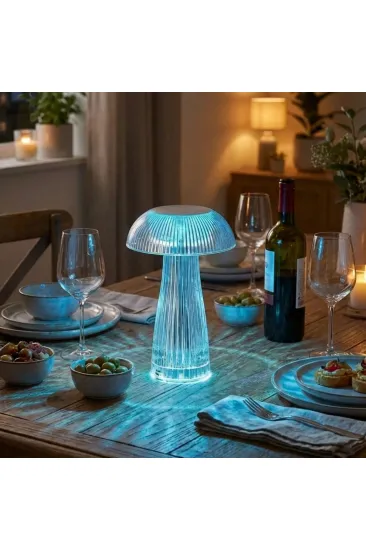 Şeffaf Mantar Model LED Masa Lambası –Kumandalı Şarjlı, Dokunmatik, Rengarek Işık Modlu Dekoratif Gece Lambası (5637)