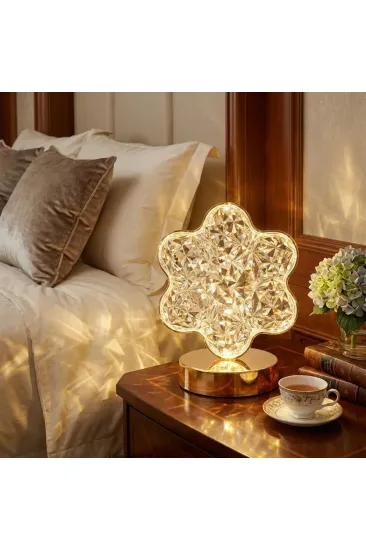 Çiçek Model Kristal LED Masa Lambası – Dokunmatik, 3 Renk Işık Modlu, Şarjlı Mini Dekoratif Gece Lambası (5637)