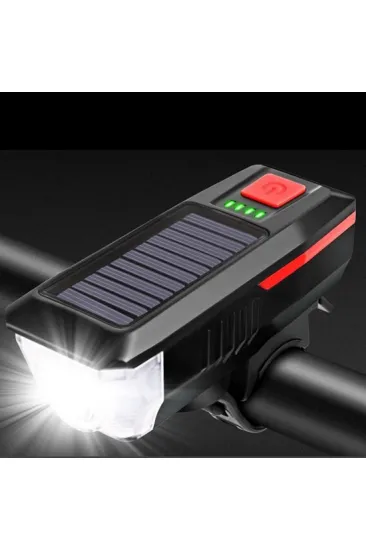 Solar Enerjili USB ile Şarj Edilebilir Ledli Bisiklet Feneri Kornalı ve Su Geçirmez Far (5637)