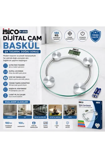 DİJİTAL - PİLLİ YUVARLAK BANYO BASKÜL TERAZİ TARTI LCD EKRAN 180KG/0.1G 30X30CM İ11-026 (5637)
