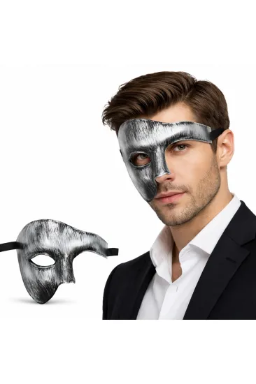 Antik Eskitme Gümüş Erkek Yarım Maske - Phantom &amp;amp; Balo Maskesi (5637)