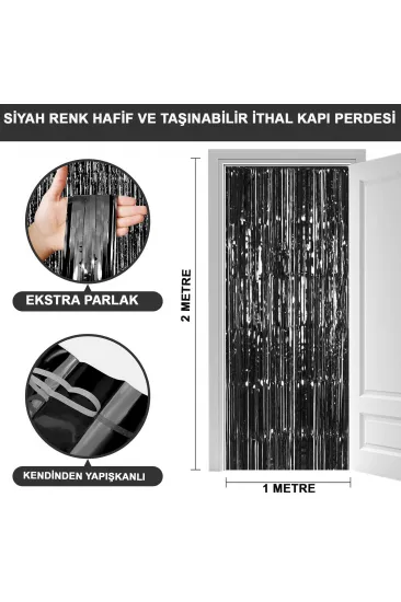 Siyah Renk Ekstra Metalize Parlak Saçaklı Arka Fon Perde İthal A Kalite 1x2 Metre (5637)