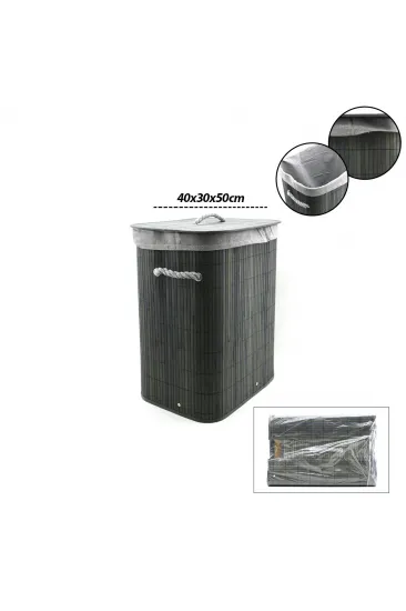GRİ DİKDÖRTGEN 40X30CM - Y:60CM BAMBU AHŞAP KİRLİ ÇAMAŞIR SEPETİ SEYYAR KAPAKLI KUMAŞ ÇANTALI İP KULPLU (5637)
