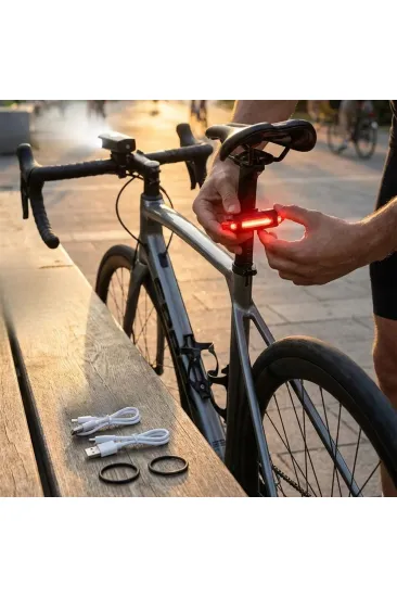 Bisiklet Işık Seti – USB Şarjlı LED Ön Far + Arka Stop Lambası, Su Geçirmez Bisiklet Aydınlatma Seti (5637)