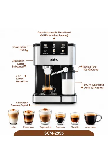 SİYAH - KROM ESPRESSO KAHVE MAKİNESİ 6 FARKLI KAHVE 1.5LT SU HAZNE - 500ML SÜT HAZNE 1350W SCM-2995 (5637) SİYAH - KROM ESPRESSO KAHVE MAKİNESİ 6 FARKLI KAHVE 1.5LT SU HAZNE - 500ML SÜT HAZNE 1350W SCM-2995 (5637)