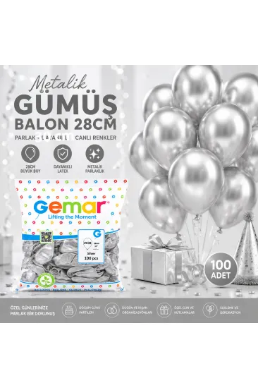 GM-110-38 METALİK - GÜMÜŞ BALON 11'' - 28CM - 100 PARÇA (5637)