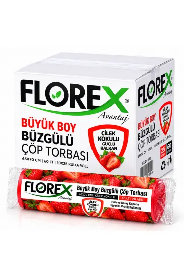 250 ADET FLOREX-502 ÇİLEK KOKULU  BÜZGÜLÜ  BÜYÜK  10PCS 65X70CM ÇÖP TORBASI  25x10=250 (5637)