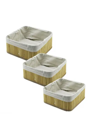 3 BOY KARE BAMBU KENAR ORGANİZER SEPET AHŞAP ALTLIK - BEZLİ 17X17-21X21-26X26CM (5637)