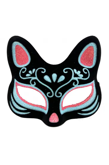 Siyah Renk Süet Kaplama Üzeri Mavi Kırmızı Simli Kedi Maskesi 17x14 cm (5637)