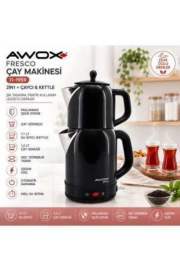 AWOX FRESCO SİYAH ELEKTRİKLİ ÇAY MAKİNESİ ÇAYCI SET 1.7LT SU ISITICI + 1.2LT DEMLİK PASLANMAZ ÇELİK GÖVDE 2200W (5637) AWOX FRESCO SİYAH ELEKTRİKLİ ÇAY MAKİNESİ ÇAYCI SET 1.7LT SU ISITICI + 1.2LT DEMLİK PASLANMAZ ÇELİK GÖVDE 2200W (5637)