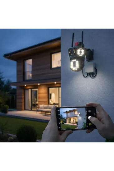 Kablolu Akıllı Güvenlik Kamerası – 4 Kameralı Çok Lensli, 360° PTZ Hareketli, Çift Antenli, Gece Görüşlü, Dış Mekan IP Kamera (5637) Kablolu Akıllı Güvenlik Kamerası – 4 Kameralı Çok Lensli, 360° PTZ Hareketli, Çift Antenli, Gece Görüşlü, Dış Mekan IP Kamera (5637)