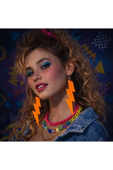 80’ler 90'lar Retro Neon Turuncu Şimşek Küpe 10 cm (5637)