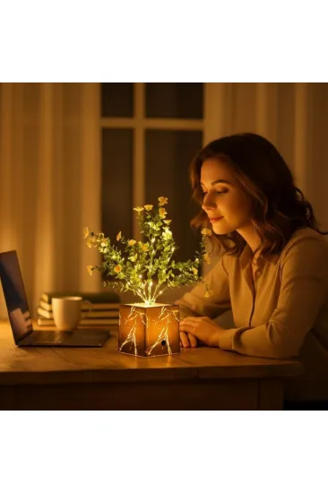 Işıklı Yapay Çiçek – Siyah Saksılı LED Dekoratif Bitki, Masaüstü ve Ev Ofis Aydınlatmalı Süs Bitkisi (5637)