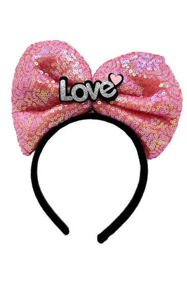 Led Işıklı 3 Farklı Fonksiyonda Yanan Gümüş Love Yazılı Fuşya Pembe Fiyonk Taç 20X17 cm (5637)