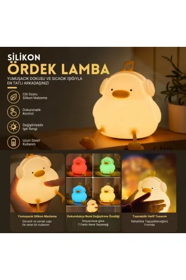 Vurmalı 7 Renkli Silikon Ördek LED Masa Lambası, Müzisyen Tasarımlı, Dokunmatik Renk Değiştiren Dekoratif USB Gece Lambası (5637)