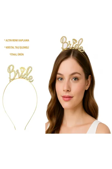 Altın Renkli Taşlı “Bride” Gelin Tacı – El Yazısı Yazı Tipiyle (5637)