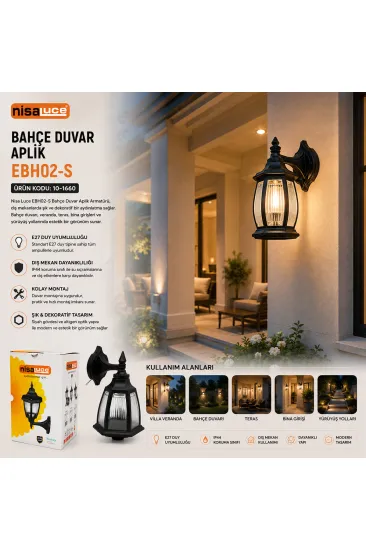 E27 - IP44 SİYAH 60W DUVAR APLİK BAHÇE-BALKON SOKAK LAMBASI - ARMATÜR EBH02-S (5637) E27 - IP44 SİYAH 60W DUVAR APLİK BAHÇE-BALKON SOKAK LAMBASI - ARMATÜR EBH02-S (5637)