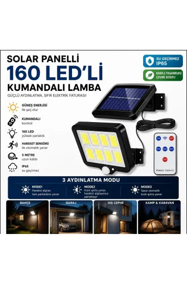 160 LED Solar Bahçe Aydınlatması, 6'lı Güneş Panelli LED Lamba, 5 Metre Kablolu ve Kumandalı (5637)