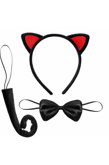 Kırmızı Kulaklı Kedi Kostüm Seti – Taç Papyon Kuyruk 3 Parça (5637)
