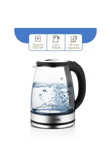 CAM - LEDLİ KETTLE 1.8LT  GİZLİ REZİSTANS - KABLOSUZ 360 DERECE GÖVDE 1500W SK-8033 (5637)