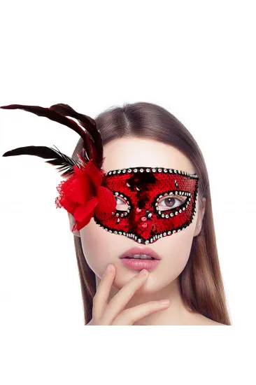 Kırmızı Renk Yandan Tüylü Güllü Gümüş Taşlı Pullu Maske 20x22 cm (5637)