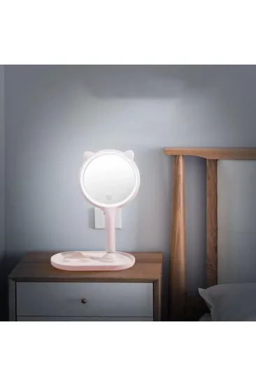 Kedi Kulaklı Telefon Standlı Yuvarlak Dokunmatik Led Ayarlı Masa Üstü Makyaj Aynası (5637)