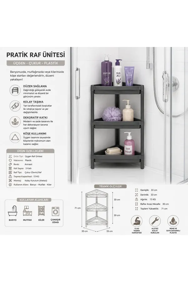 GRİ ÜÇGEN ÇUKUR PRATİK RAF ÜNİTESİ PLASTİK (5637) GRİ ÜÇGEN ÇUKUR PRATİK RAF ÜNİTESİ PLASTİK (5637)