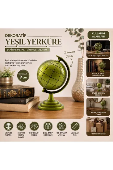 Yeşil Eskitme Dünya Biblosu - Metal - Küçük Boy - Dekoratif Süs Eşyası