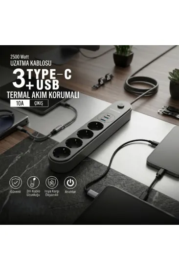 Termal Akım Korumalı 4 Prizli USB Girişli Uzatma Kablosu Termal Akım Korumalı 4 Prizli USB Girişli Uzatma Kablosu