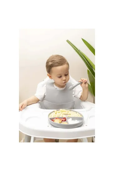 Gri 3’lü Silikon Yemek Seti – Önlük + Diş Kaşıyıcılı Kaşık + Vakumlu Tabak