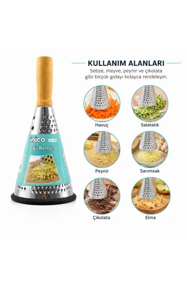 Huni Model Rende - 3 Bölümlü - Paslanmaz Çelik - Ahşap Bambu Saplı - Silikon Taban