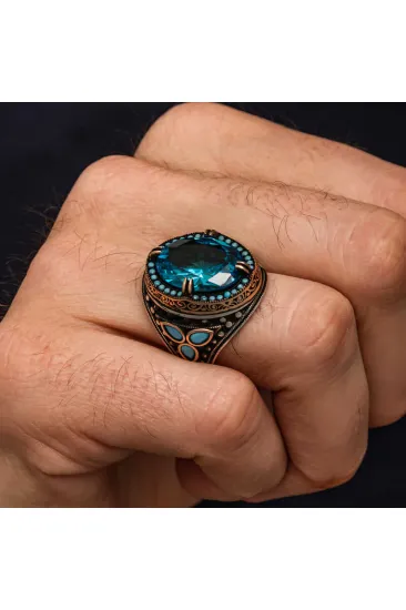 Gümüş Aquamarine Taşlı Erkek Yüzük