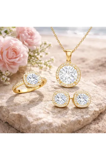 Gümüş Gold Yuvarlak Montür Tek Taş Kadın Set
