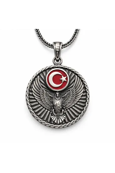 Gümüş Türk Kartalı ve Ay Yıldız Motifli Erkek Kolye Gümüş Türk Kartalı ve Ay Yıldız Motifli Erkek Kolye