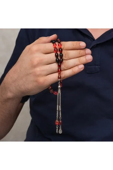 Metal Püsküllü Siyah ve Ateş Tonlu Sıkma Kehribar Tesbih